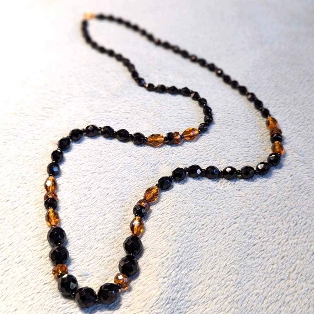 Vintage Black and Amber Faceted Acrylic Beaded Necklace - 28" Long